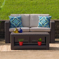 Flash Furniture DAD-SF1-2-GG Chocolate Brown Faux Rattan Loveseat with All-Weather Beige Cushions 